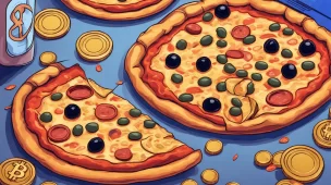 Imagem de duas pizzas grandes com pepperoni e azeitonas sobre uma mesa de madeira, cercadas por Bitcoins físicos dourados e uma tela com transação de Bitcoin.