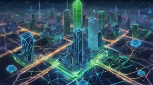 Ilustração de uma cidade futurista com display holográfico de uma rede blockchain em neon azul e verde, representando a tecnologia do Arbitrum.