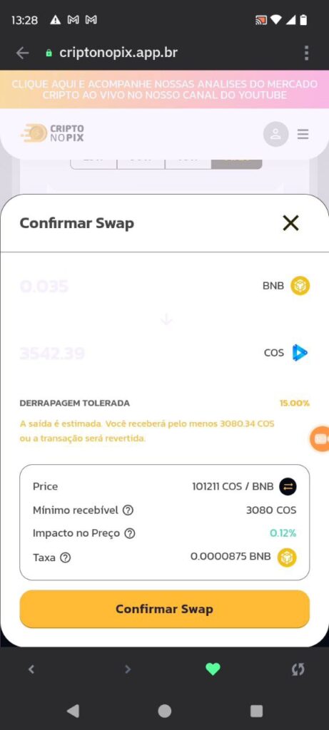 confirmar swap de tokens