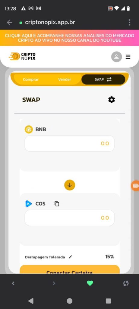 escolha os tokens para fazer swap